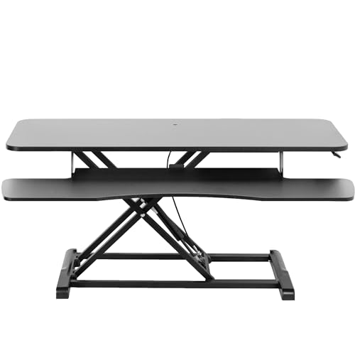 Image of VIVO 42 inch Desk Converter, K Series, Height Adjustable Sit to Stand Riser, Dual Monitor and Laptop Workstation with Wide Keyboard Tray, Black Carbon Fiber Top, Black Frame, DESK-V042KR
