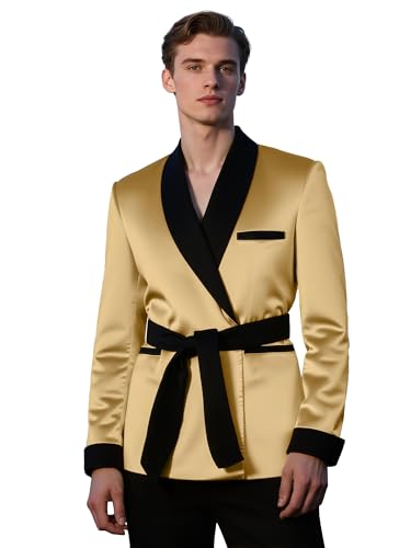 Men's Satin Smoking Jacket Robe Fully Lined House Kimono Bathrobe with Belt for Spring Summer