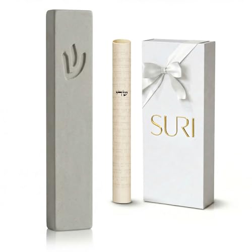 Image of SURI Mezuzah for Door - 6 Inch Light Gray Concrete Mezuzah Case with Non Kosher Scroll, Self-Stick Jewish Entry Design, Fits a 5 Inch Scroll, Gift Box Included