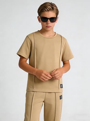 Image of OLMRJKD Boys 2 Piece Outfits Color Block Clothes Short Sleeve T Shirt and Camouflage Pants Summer Clothing Sets