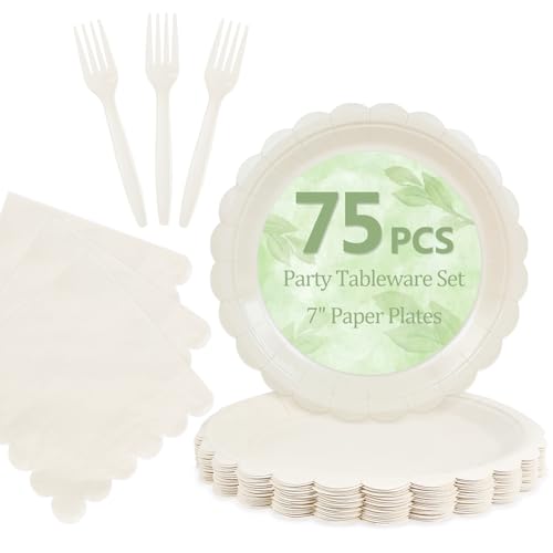 Image of Mulbozy Beige Paper Plates and Napkins,Ivory Disposable Dinnerware, 25-7 inch