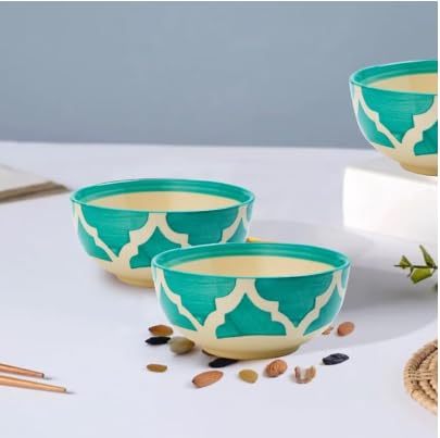 Shipnetic Moroccan Print Green Ceramic Bowl Set of 2, Microwave & Dishwasher Safe, Multipurpose for Serving Pasta, Maggi, Cereal, Snacks, Rice, Dal, Fruits, for Daily Use & Gifting.(200ml Each) 3