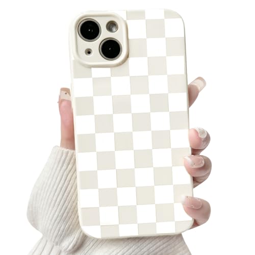 NITITOP Cover per iPhone 15 Carina con A Scacchi Design Estetico Scacchiera per Ragazze Femminile Morbida e Sottile con Protezione Fotocamera Custodia con Antiurto - Bianco