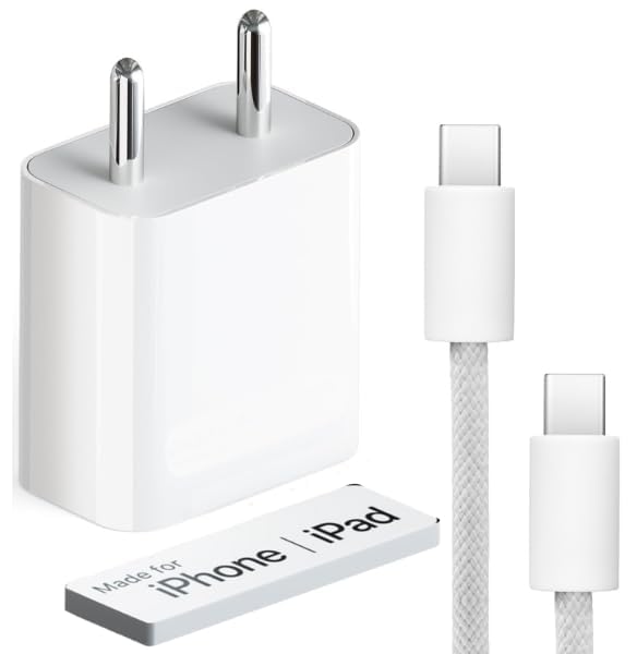 Image of AINE 20W PD USB-C Charger with C to C Nylon Cable | Fast Charging for iPhone 16 /15 Pro Max /iPad Pro /Air 5 /Mini | Supports 27W Power Delivery | Original Charging Speed, White