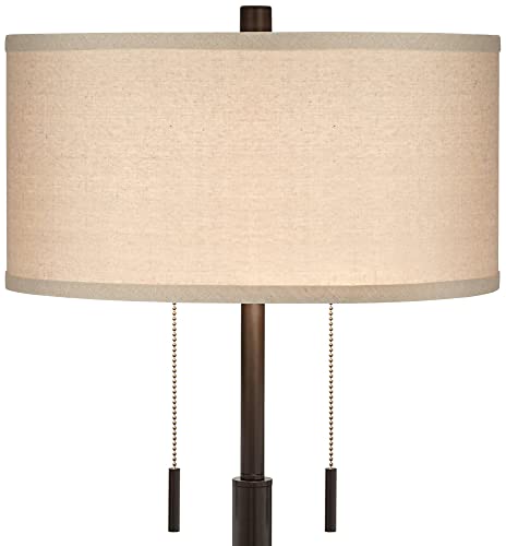 Franklin Iron Works Bernie Industrial Nightstand Table Lamp 25" High Set Of 2 With Hotel Style Usb Charging Port Rich Bronze Metal Fabric Drum Shade For Living Room Desk Bedroom House Bedside Home #TOP6
