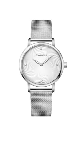 WENGER Damen Armbanduhr Urban Donnissima Ø 35 mm, Swiss Made, Analog Quarz, Wasserdicht bis 100 m, Edelstahl-Armband, Silber, 01.1721.107