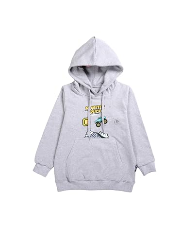 KiddoPanti Boys Full Sleeve Hooded Sweatshirt with Monster Truck Themed Prints, Grey Melange Monster Truck - 12-14Y