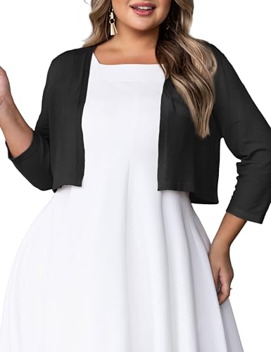 Women's Plus Size Cropped Cardigan Lightweight 3/4 Sleeve Boleros Shrug Sweaters for Dresses (1X-4X)4