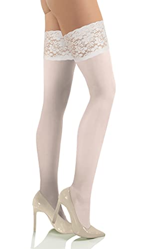 sesto senso Bas Autofixant Femme Opaque 50 Deniers Microfibre Dentelle avec Silicone Sexy 1 Paire Collant 3/4 M/L Blanc