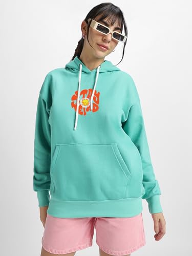 Image of JUNEBERRY Cotton Poly Fleece Oversized Fit Black, Green, Magenta, Mustard, Orange, Purple, Blue, Off White & Grey Graphic Printed Full Sleeve Hoodie for Women