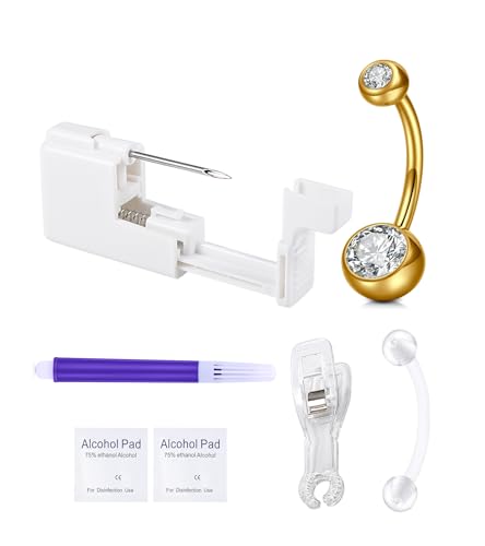 QWALIT Titanium Belly Button Piercing Kit Gold Belly Button Piercing Kits Self Belly Piercings Gun with Surgical Steel Implant Grade Titanium Belly Rings at Home Hypoallergenic Navel Ring