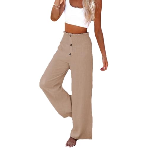 Women's Linen Blend High Waisted Rise Smocked Pants,Linen Button Wide-Leg Trousers,Linen Wide Leg Pants for Women