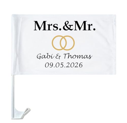 Autofahne Hochzeit mit Namen personalisiert Autoflagge Wunschname Heirat Mrs & Mr