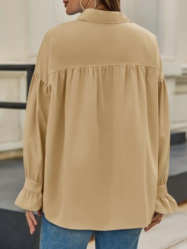 Cicy Bell Womens Oversized Button Down Shirts Long Ruffle Sleeve Pleated Babydoll Blouses Trendy Casual Tops Khaki — view 3