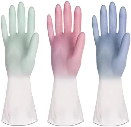 JETMANO 3 Pairs Rubber Cleaning Gloves,Non-Slip Washing Up Gloves with Thickened,Reusable Kitchen Gloves, Skin-Friendly & Waterproof Washing Gloves Medium with Latex Free for Household, 3 Colors