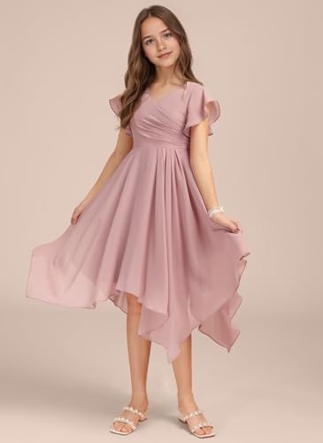 dideyttawl Junior Bridesmaid Dresses Short Flutter Sleeves Chiffon Pleated Flower Girls Dress Flowy Prom Gown for 4-16 25054