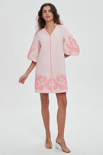 Image of D-Sun Women Floral Embroidery Mini Dress 3 /4 Puff Sleeves V Neck Tunic Mini Dress Zip Party Dresses