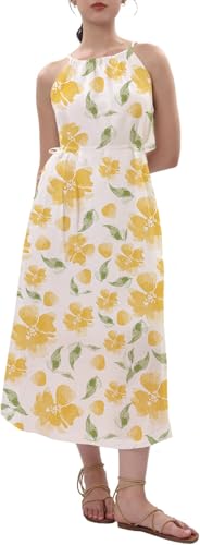 Amazhiyu Kleider Sommer Leinenkleid Damen Sommerkleid Strandkleid Lang 100% Leinen Maxikleid Damenkleider Neckholder Freizeitkleid Mit Gürtel und...