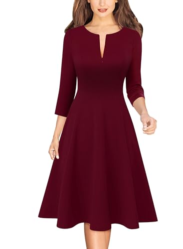 Image of VFSHOW Womens Work Business Front Zipper A-Line Dresses 3 /4 Sleeve Office Church Fit and Flare Skater Swing Knee Length Dress