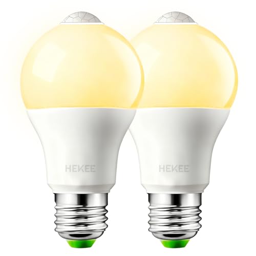 HEKEE Motion Sensor LED Light Bulb 9W A19 PIR Built-in IR 60W Equivalent Bright 900 Lumens E26 Base Warm White Bulbs (2 Packs)