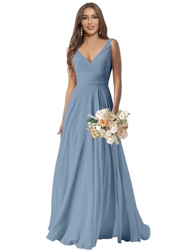 Image of Sukleet Chiffon Bridesmaid Dresses for Women V Neck A-line Ruched Formal Gowns Evening Dresses 2026 Dusty Blue Size 16