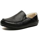 TETSUO Men's Slippers Premium Leather Warm Cozy House Slippers For Men Slip On Drop-In Heel Fur Lining Shoes Suitable for Indoor Outdoor Non-Slip Walking Loafers