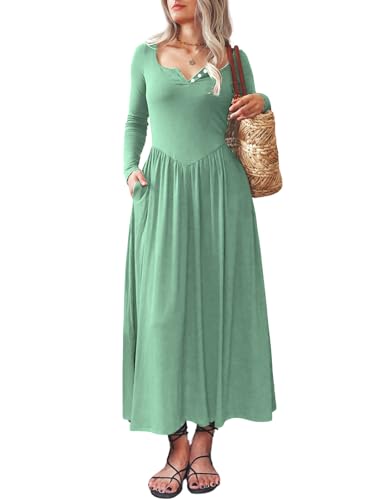 Image of Mieazom Long Sleeves Maxi Dress for Women A Line 2025 V Neck Casual Button Boho Tshirt Long Dress with Pockets