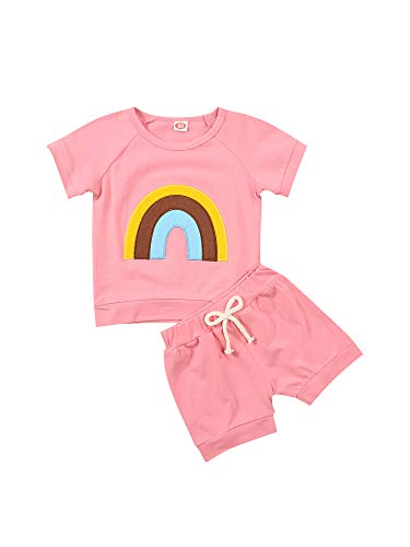 Thorn Tree Newborn Baby Girls Clothes Set Cotton Suit Toddler Infant Kids Play Wear Sunsuit Rainbow Outfits (Pink Rainbow Shorts Set 1, 12-18 Months)