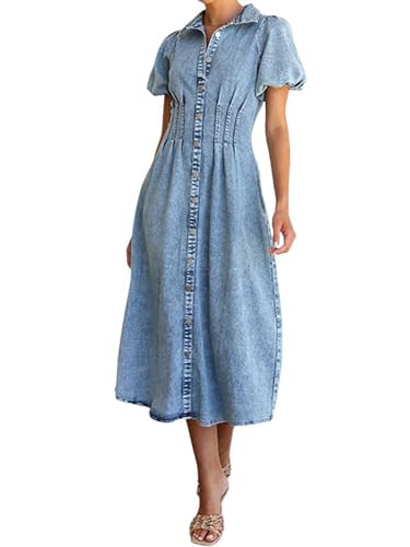 utcoco Women Long Denim Dress Puff Sleeve Button Down Casual Slim Fit Midi Jean Shirt Dress
