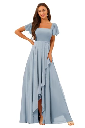 Square Neck Bridesmaid Dresses 2025 with Sleeve Long Chiffon Formal Evening Dress QA0044
