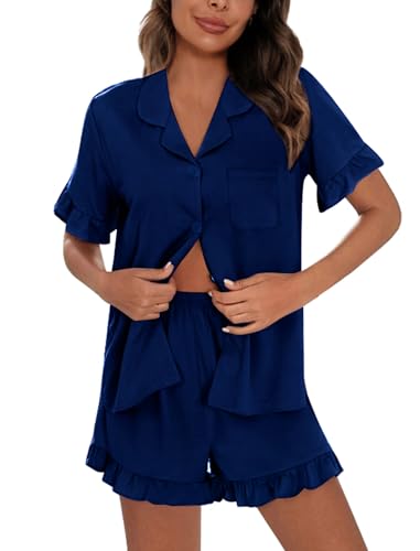Image of SWOMOG Woman Pajama Set Short Sleeve Pjs Set 2Pcs Short Pajamas Button Down Ruffle Hem Sleepwear Soft Modal Loungewear