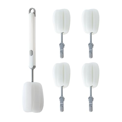 FENORA® Cepillo Limpia Botellas por Dentro con Mango Largo + 4 Recambios | Cepillo de Espuma Suave sin Arañazos, Ideal para Biberones, Botellas de Agua Reutilizables, Termos y Copas