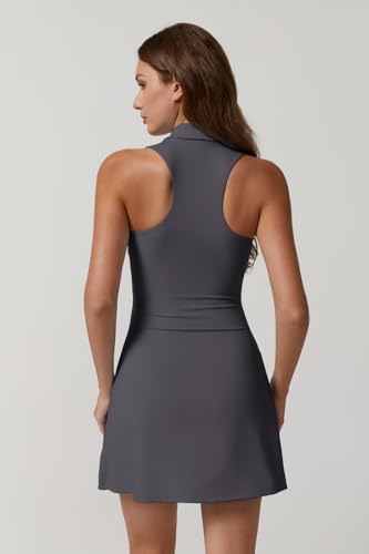 Image of QINSEN Womens Zip Front Tennis Dress Polo Collar Racer Back Workout Golf Dresses Build in Shorts with Pockets
