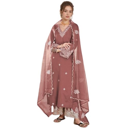 Image of SHIENZY Women Embroidered Kurta Set with Dupatta | Ethnic Straight Kurta Palazzo Set for Women Festive Salwar Suit | Traditional Indian Ethnic Wear Kurti Set