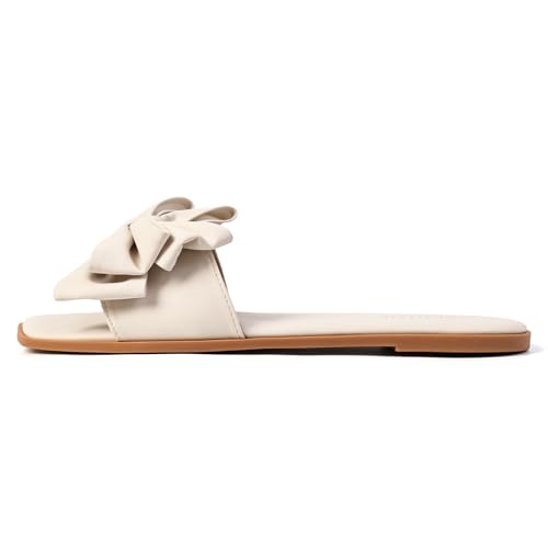 Image of Women's Bow Flat Sandals Open Saquare Toe Comfortable Slide for Wedding Beach Vacation