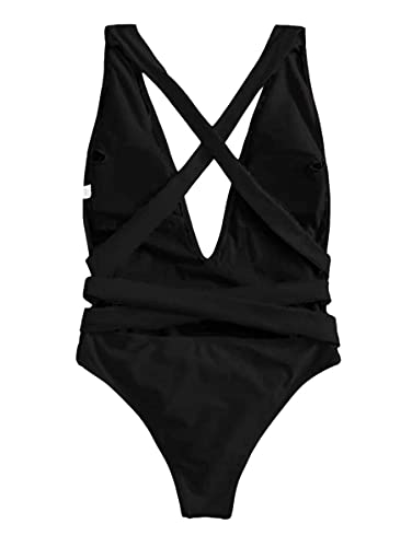 Image of Lilosy Sexy Tie Criss Cross Plunge One Piece Thong Swimsuit High Cut Brazilian Bathing Suit