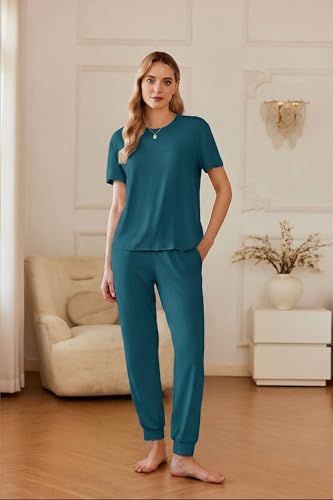 Image of Ekouaer Pajamas for Women Set 2 Pack Lounge Set Short Sleeve Pjs Joggers Long Pants Loungepwear with Pockets