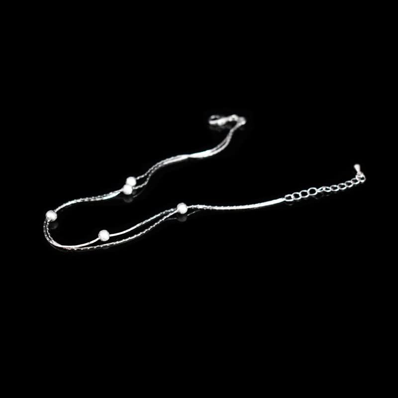CMBSSTFC 925 Sterling Silber Doppelschichtige mattierte Perlen Fußkettchen Damen Kleiner Anhänger Strand Fußkette Schmuck, OZZKI