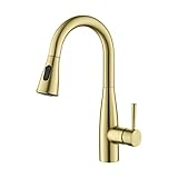 KIBI Bari Single Handle Pull Down Faucet for Kitchen & Bar Sink | Solid Brass High Arc Faucet Spout | Kitchen Faucet with Pull Down Sprayer (Brushed Gold) (KKF2015)