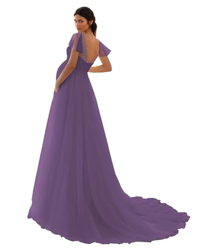 HAIBFJIN Robe de maternité en tulle avec col en V - Robe de mariée pour femme enceinte - Robe de maternité pour fête prénatale - Robe de séance photo,...