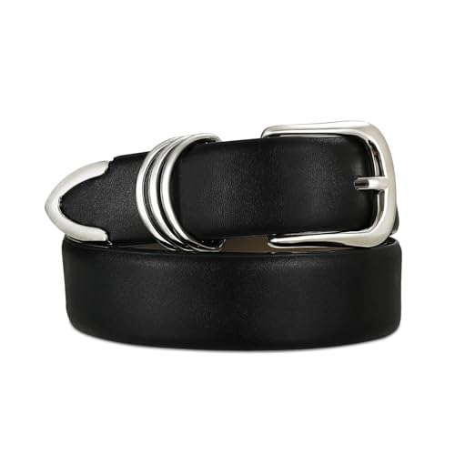 RISANTRY Womens Black Belts with Sliver Buckle Elegant Leather Waist Belt Ladies Belts for Jeans Dress & Casual Wear