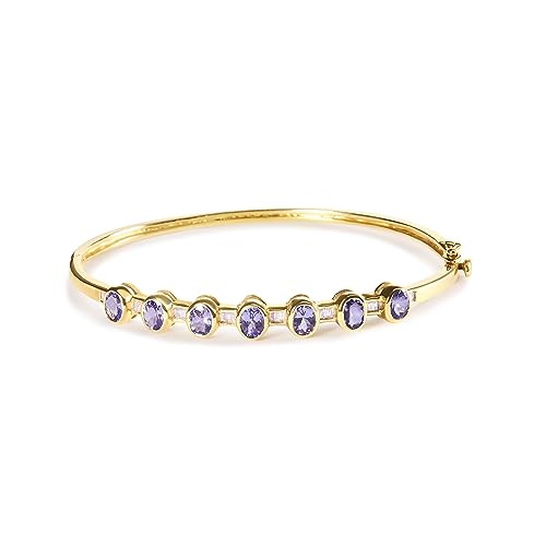 Haus of Brilliance 14K Yellow Gold Alternating Bezel Set 5MM Oval Shaped Tanzanite and 1/5 Cttw Diamond Bangle Bracelet (H-I Color, VS2-SI1 Clarity) - Fit's wrists up to 7.25" Inches