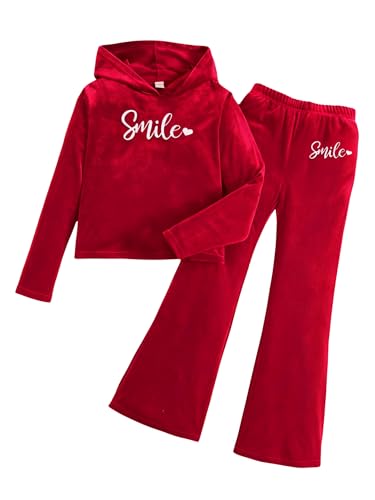 Image of 6-13 Years Girls Clothing Heart Print Hoodie Top + Heart Print Flare Leg Pants 2PC Clothing Set