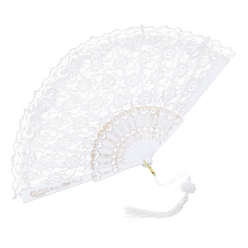 Foldable Lace Fan Handheld Chinese Folding Fan Hand Held Folding Fans for Weddings Decorations Dancing Parties and More (White)