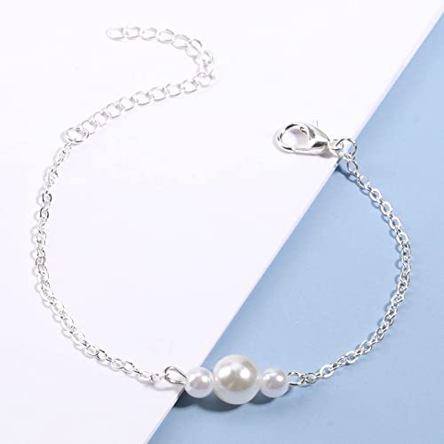 Boho Pearl Bracelet Silver Three Pearl Chain Bracelet Freshwater Pearl Bracelet Everyday Bracelet Minimalist Hand Chain Jewelry for Women Bridesmaid3
