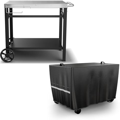BBQMall Outdoor Grill Table Cart and Cover Ninja Woodfire Outdoor Grill(OG700 Series),2024 Upgraded Thicken Double-Shelf Movable Pizza Oven Table, Stainless Kitchen Island Cover