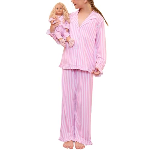 QPANCY Matching Girls&Dolls Pjs Set Ruffle Long Sleeve Pajamas kids Fall Winter 2 Piece Sleepwear