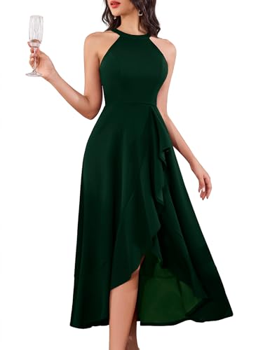 Image of Dressystar Womens 2026 Halter Slit Ruffle Wedding Guest Party Dress Elegant Maxi Long Sleeveless Formal Prom Cocktail Dresses