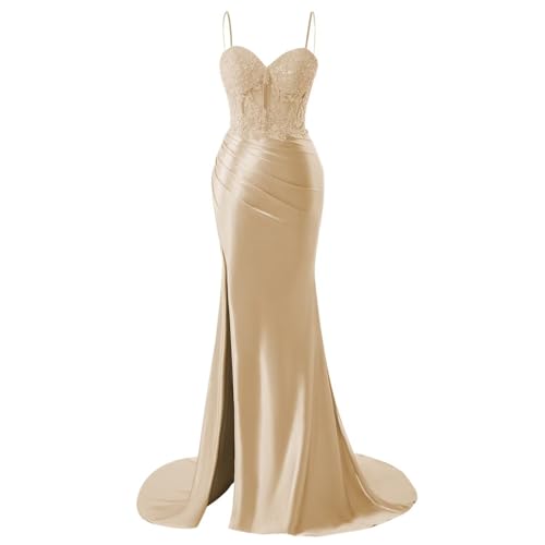 Spaghetti Strap Sweetheart Satin Prom Dress with Split Lace Appliques Corset Mermaid Long Evening Gowns