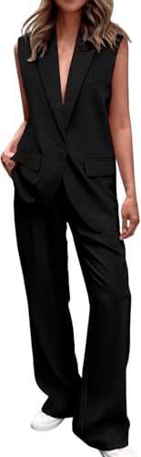 FGAoTeng Women's Sleeveless Blazer Sets - Summer Business Casual 2 Piece Outfits with V Neck Vest Wide Leg Pants, Solid Color Button Down Office Workwear Pantsuits for Meetings Travel (Black,Medium)